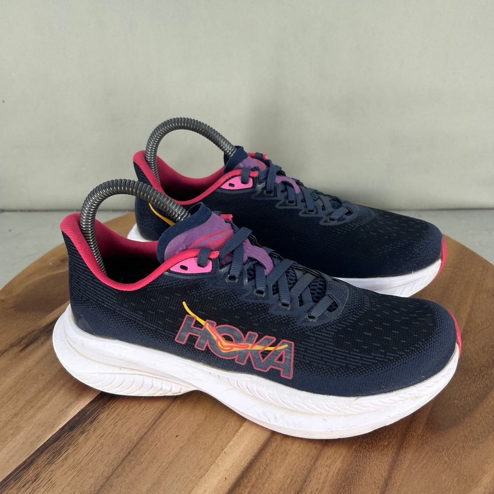 Hoka Mach 6 Womens Running Shoes Navy Pink Yellow Size 6.5 B Cushioned Comfort